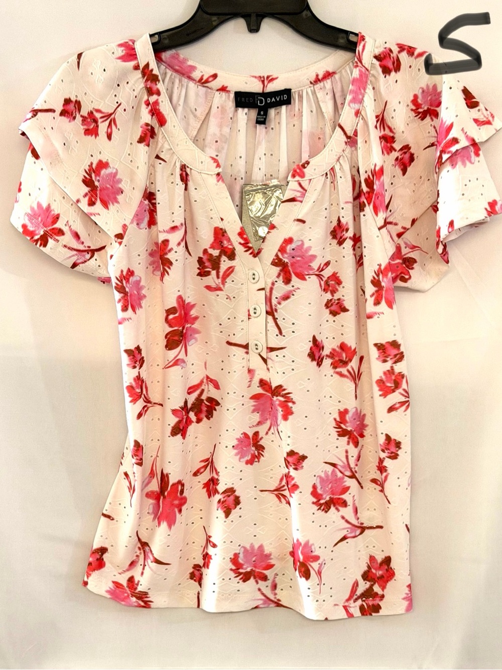 Fred David Pink & Red Floral Eyelet Scoop-Neck Blouse